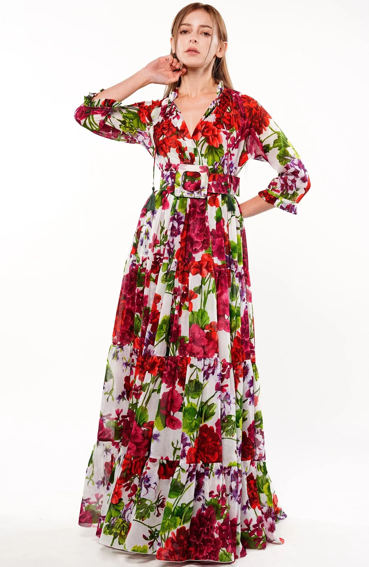 Eden Dress Crew Neck 3/4 Sleeve with Hamilton Belt Maxi Plus Length Cotton Musola (Bougainvillea Blossom Small)