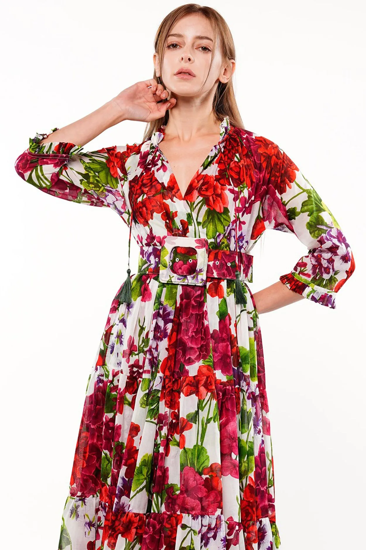 Eden Dress Crew Neck 3/4 Sleeve with Hamilton Belt Maxi Plus Length Cotton Musola (Bougainvillea Blossom Small)