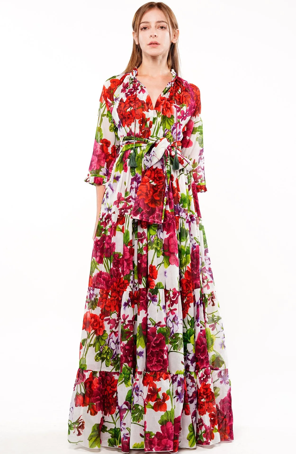 Eden Dress Crew Neck 3/4 Sleeve with Hamilton Belt Maxi Plus Length Cotton Musola (Bougainvillea Blossom Small)