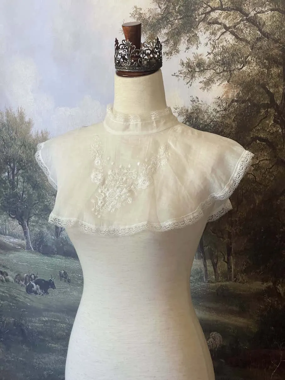 Edwardian Inspired Floral Embroidery Linen Capelet Collar in White