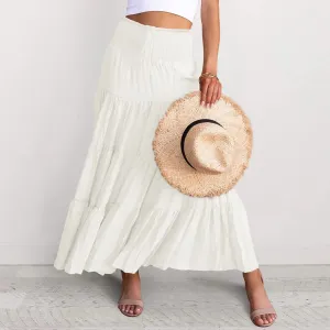 Elastic High Waist Bohemian Maxi Skirt Vintage Drawstring A Line Long Beach Style Pleated Summer Skirt