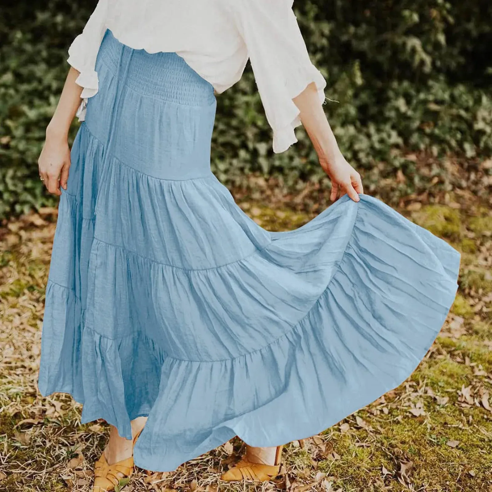 Elastic High Waist Bohemian Maxi Skirt Vintage Drawstring A Line Long Beach Style Pleated Summer Skirt