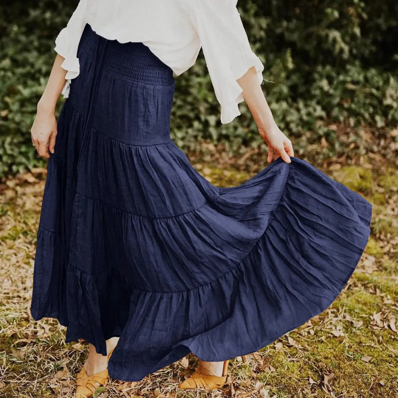 Elastic High Waist Bohemian Maxi Skirt Vintage Drawstring A Line Long Beach Style Pleated Summer Skirt