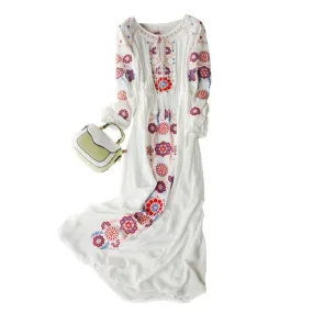 Elegant Cotton Embroidery White Maxi Dress with Intricate Floral Design