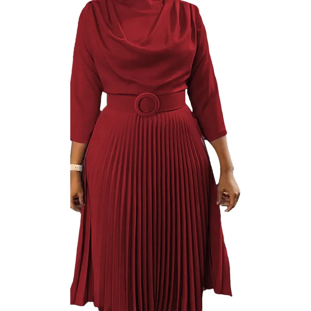 Elegant Office Dress Pleated for Women Professional Round Neck Full Sleeve Belt Waisted Mid Calf Formal Business Work Dress New