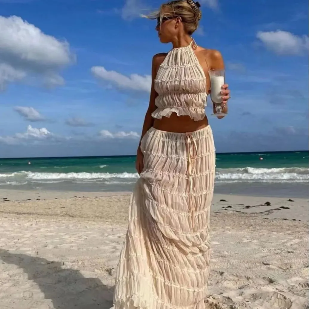 Fashion Halter Neck Long Skirt Suit Women Backless Sling Top Lace Up Fold Maxi Skirts New Summer Female 2 Piece Set Outfits