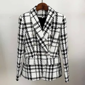 Fashion Lion Button Checker Tweed Wool Double Breasted Plaid Blazer