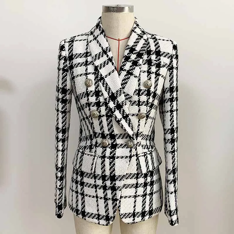 Fashion Lion Button Checker Tweed Wool Double Breasted Plaid Blazer