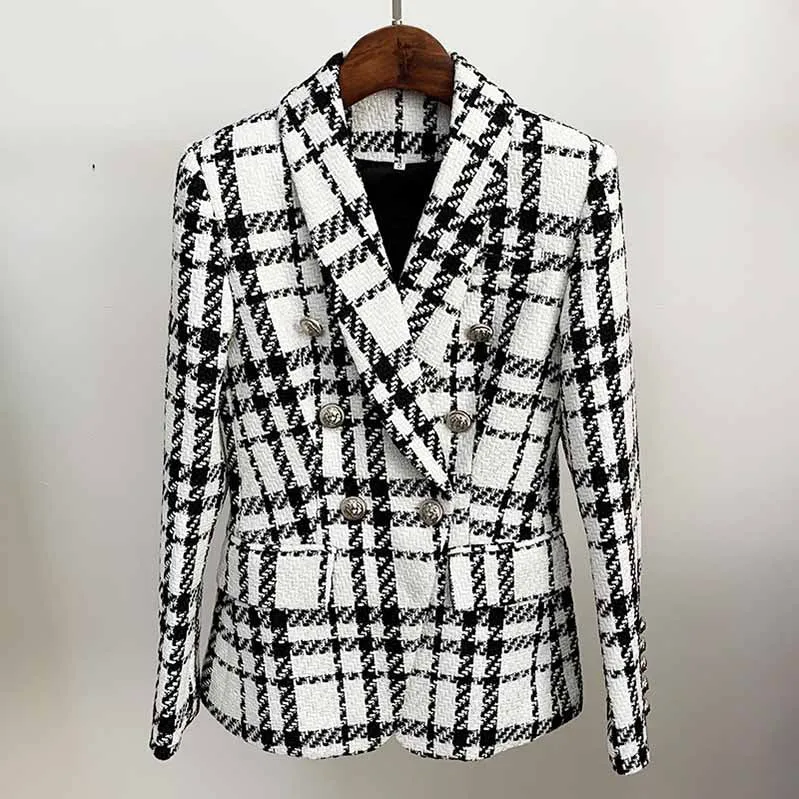 Fashion Lion Button Checker Tweed Wool Double Breasted Plaid Blazer