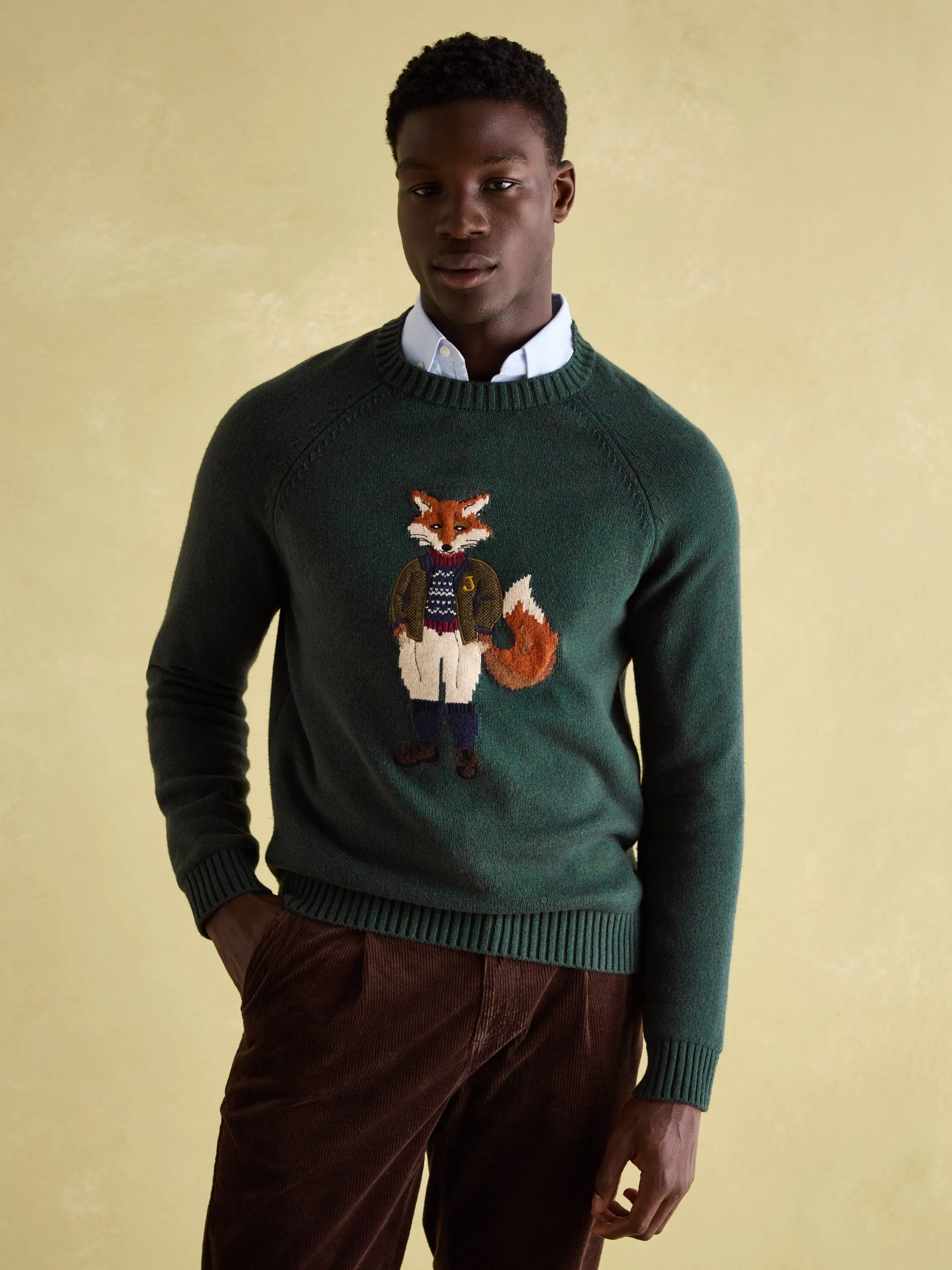 Fenton Fox Green Intarsia Crew Knit Jumper