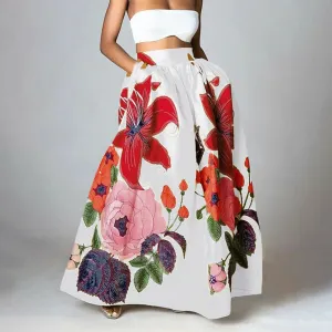 Floral Embroidered Print Maxi Skirt Summer High Waist With Pocket Party Beach Swing Long Bohemian Skirt