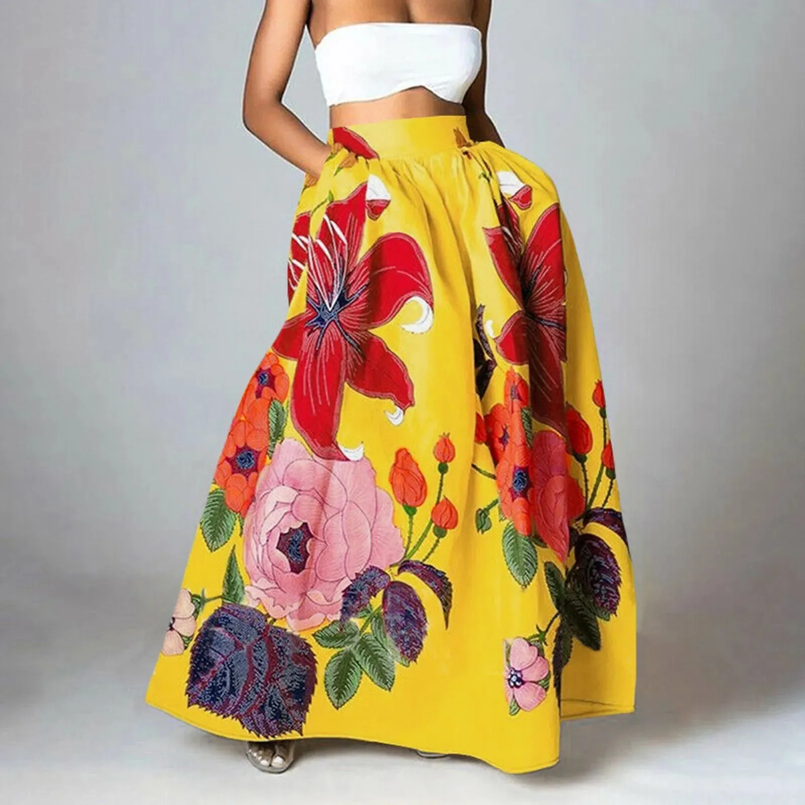 Floral Embroidered Print Maxi Skirt Summer High Waist With Pocket Party Beach Swing Long Bohemian Skirt