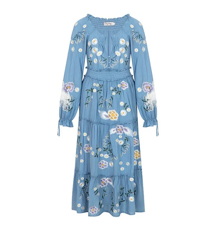 Floral Embroidered V-Neck Long Sleeve Maxi Dress