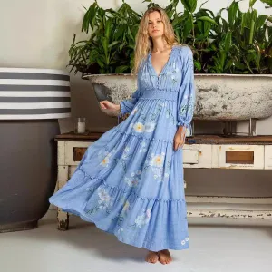 Floral Embroidered V-Neck Long Sleeve Maxi Dress