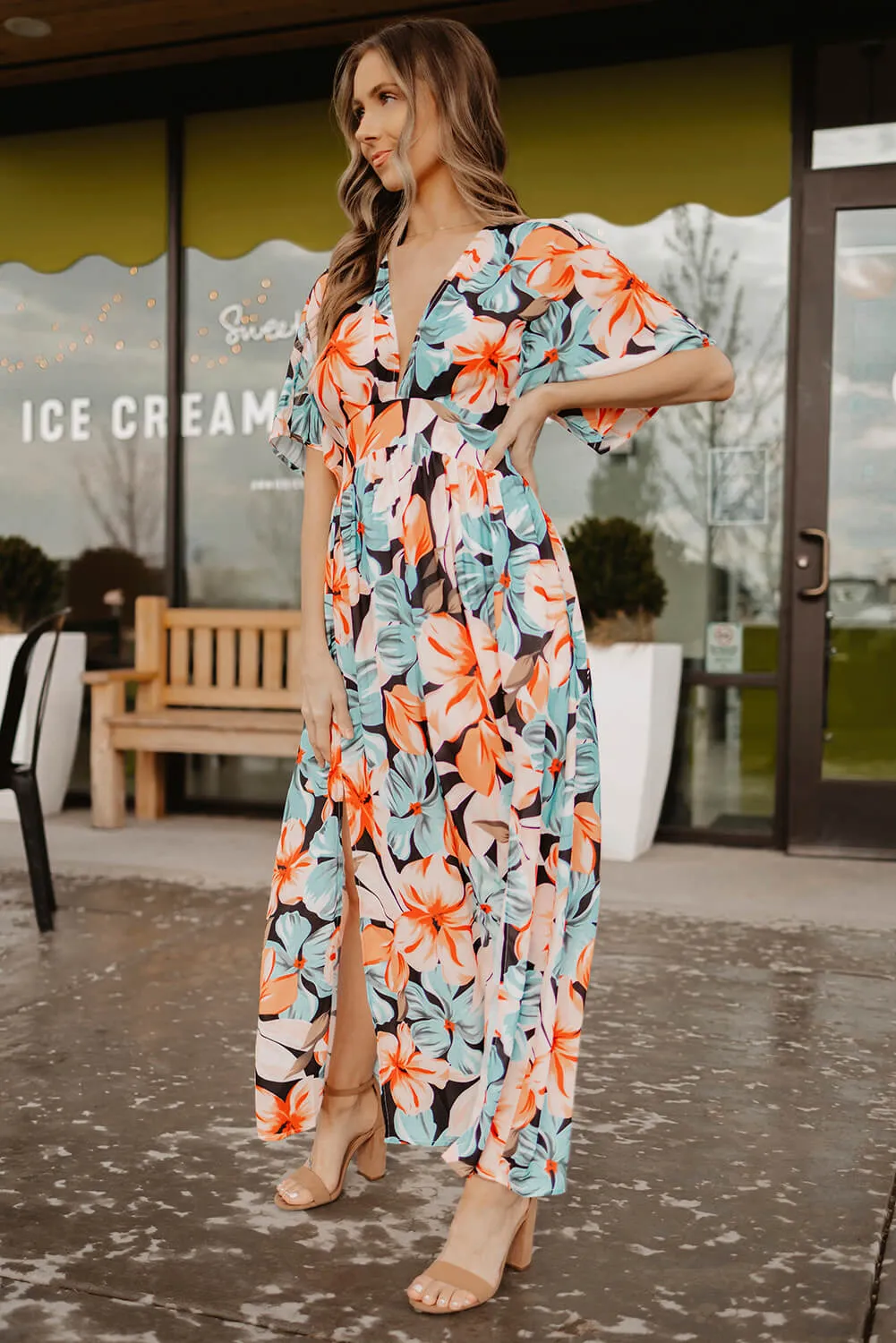 Floral Plunge Slit Dress