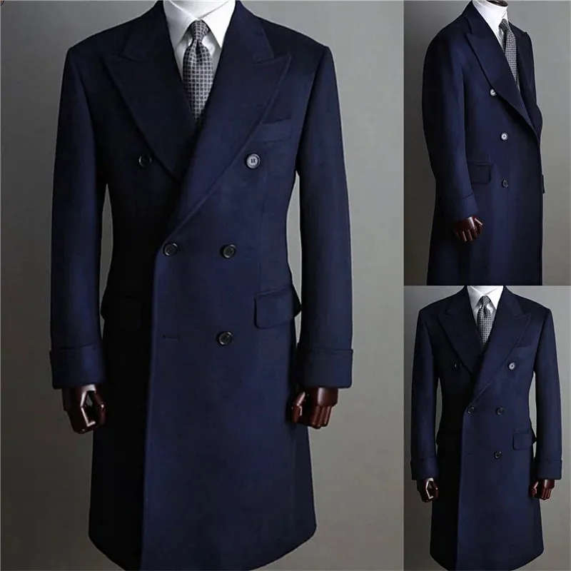 Formal Navy Men Suits Thick Wool Custom Made Men Jacket Double Breasted Tuxedos Peaked Lapel Fashion Blazer Business Long Coat