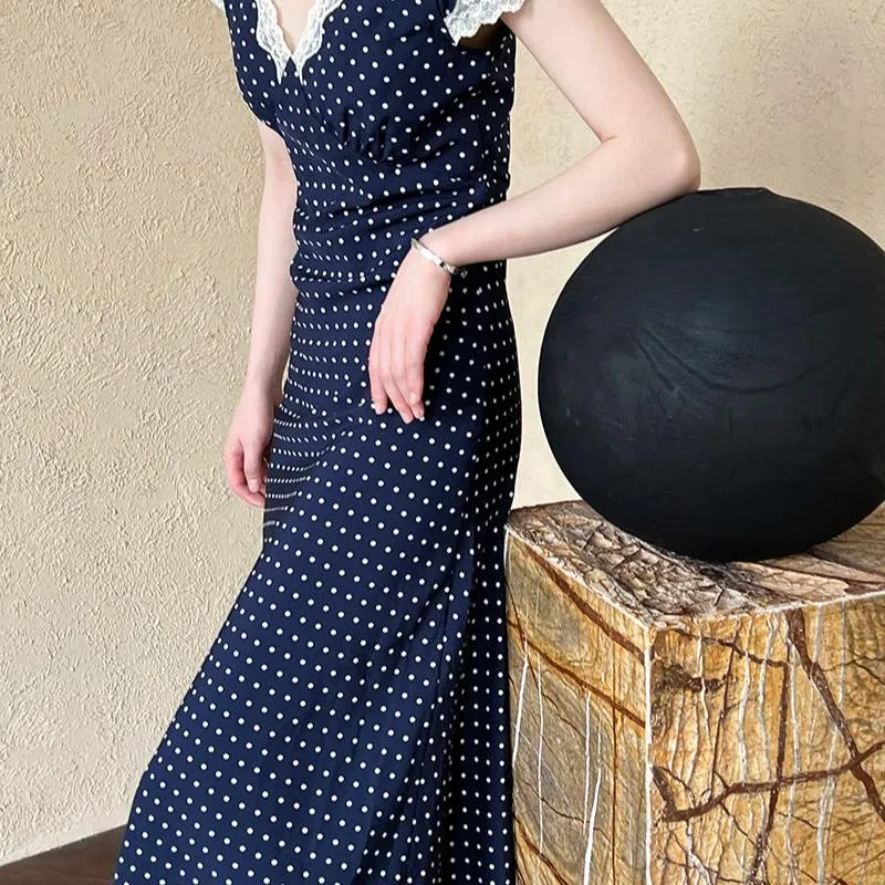 French Polka Dot Lace Long Dress