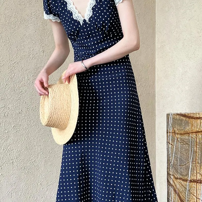 French Polka Dot Lace Long Dress