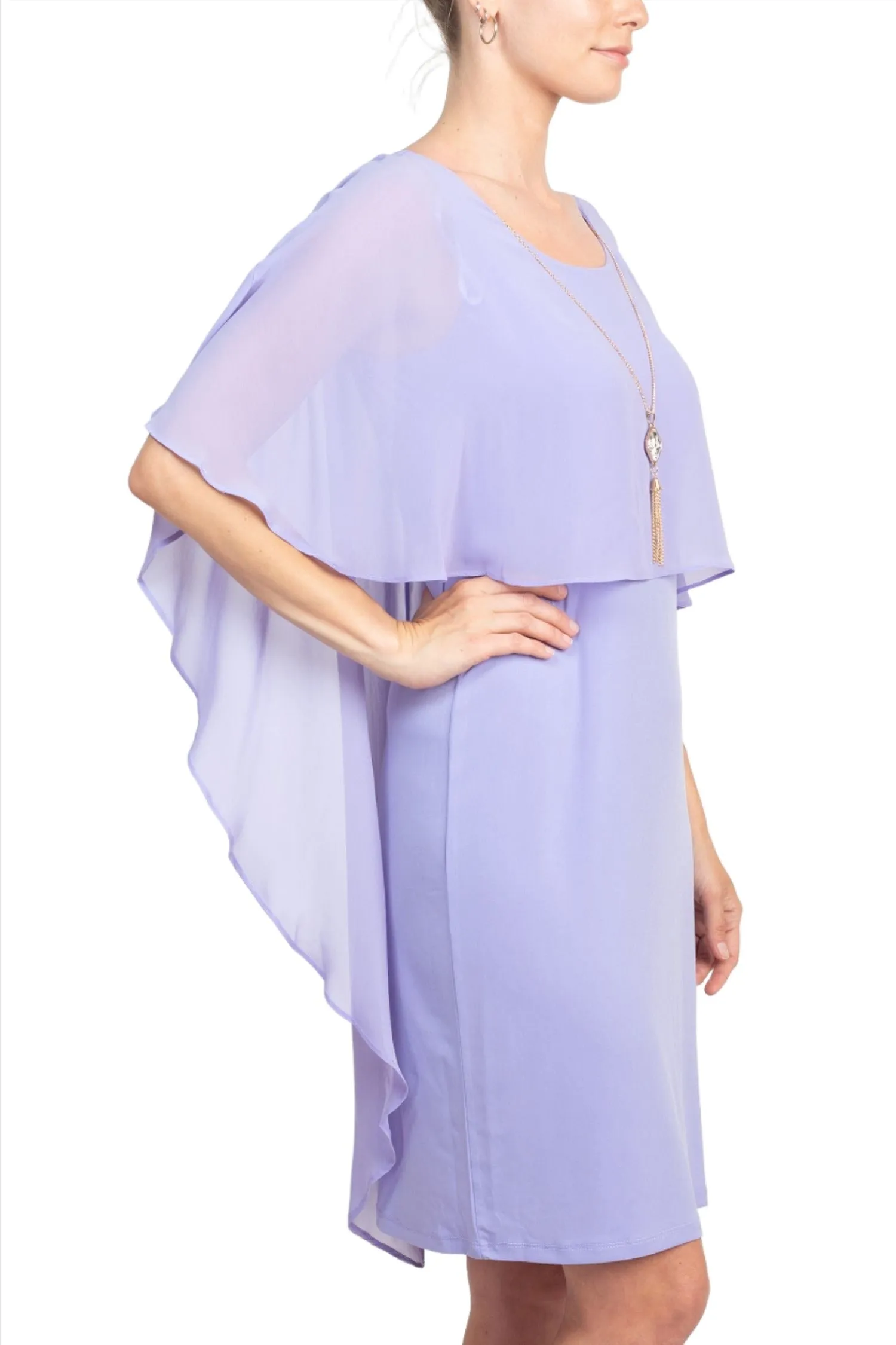 Glamour Scoop Neck Chiffon Cape Short Sleeve ITY Dress