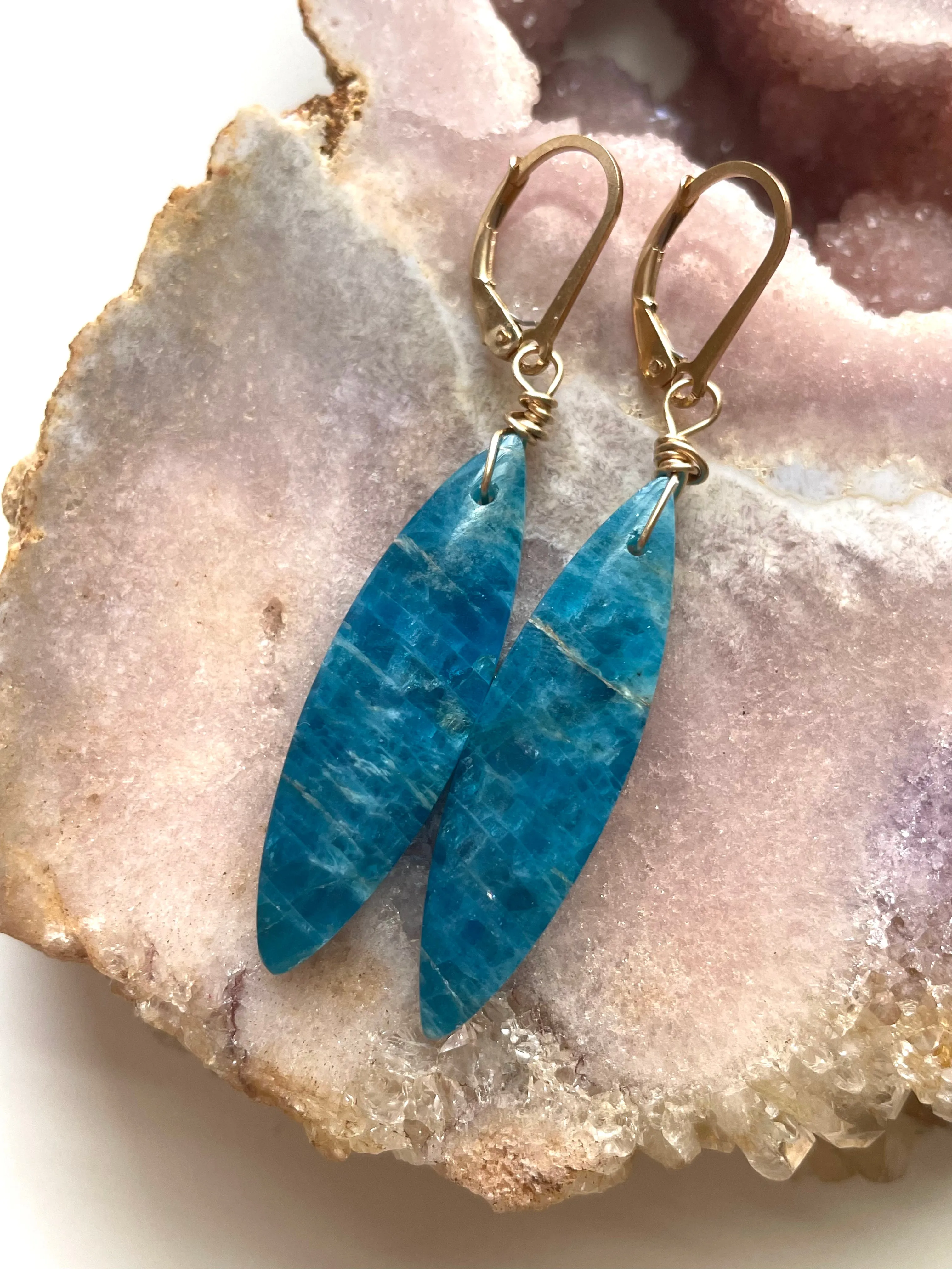 Gold Blue Apatite Dangle Crystal Earrings