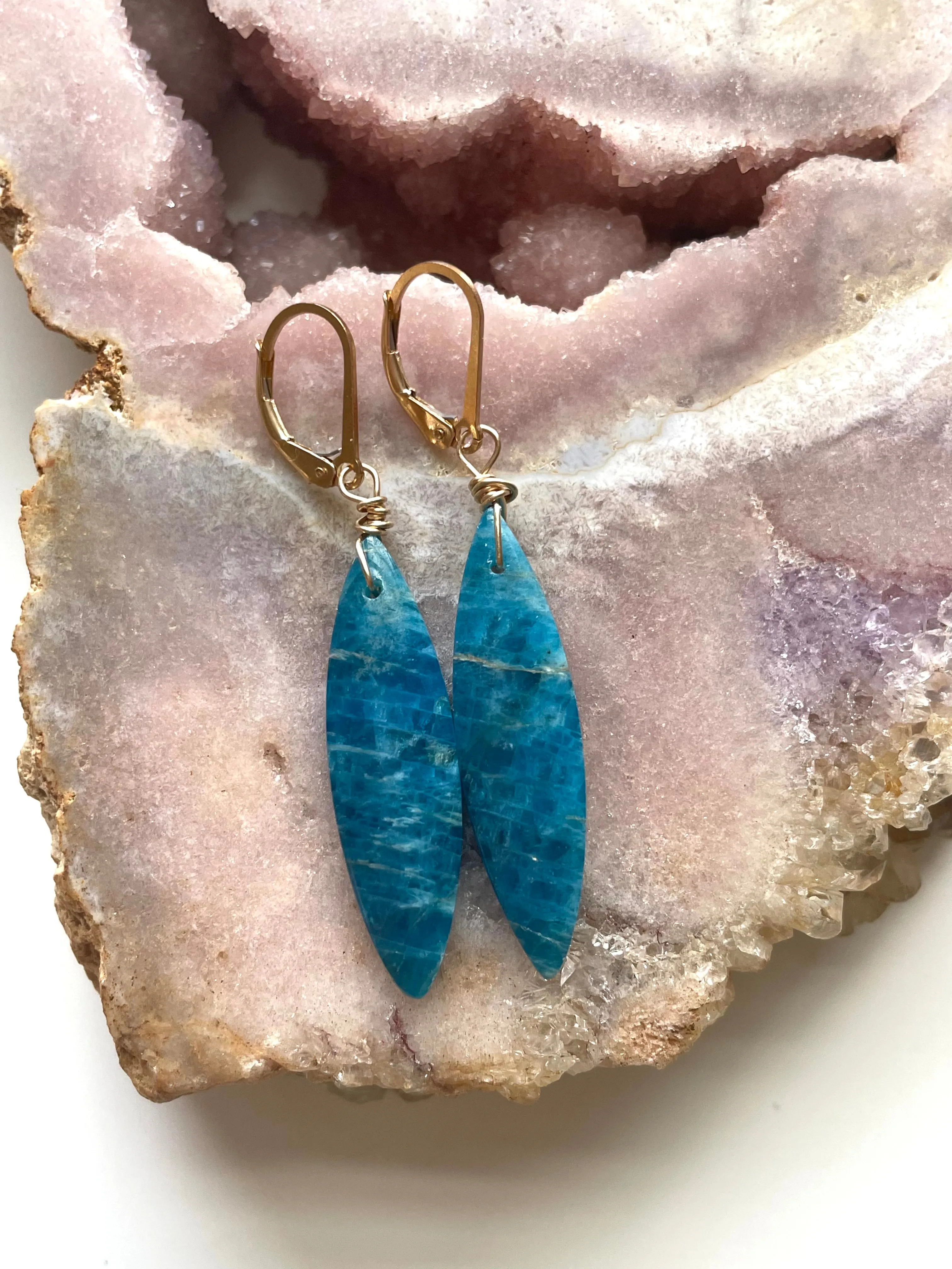 Gold Blue Apatite Dangle Crystal Earrings