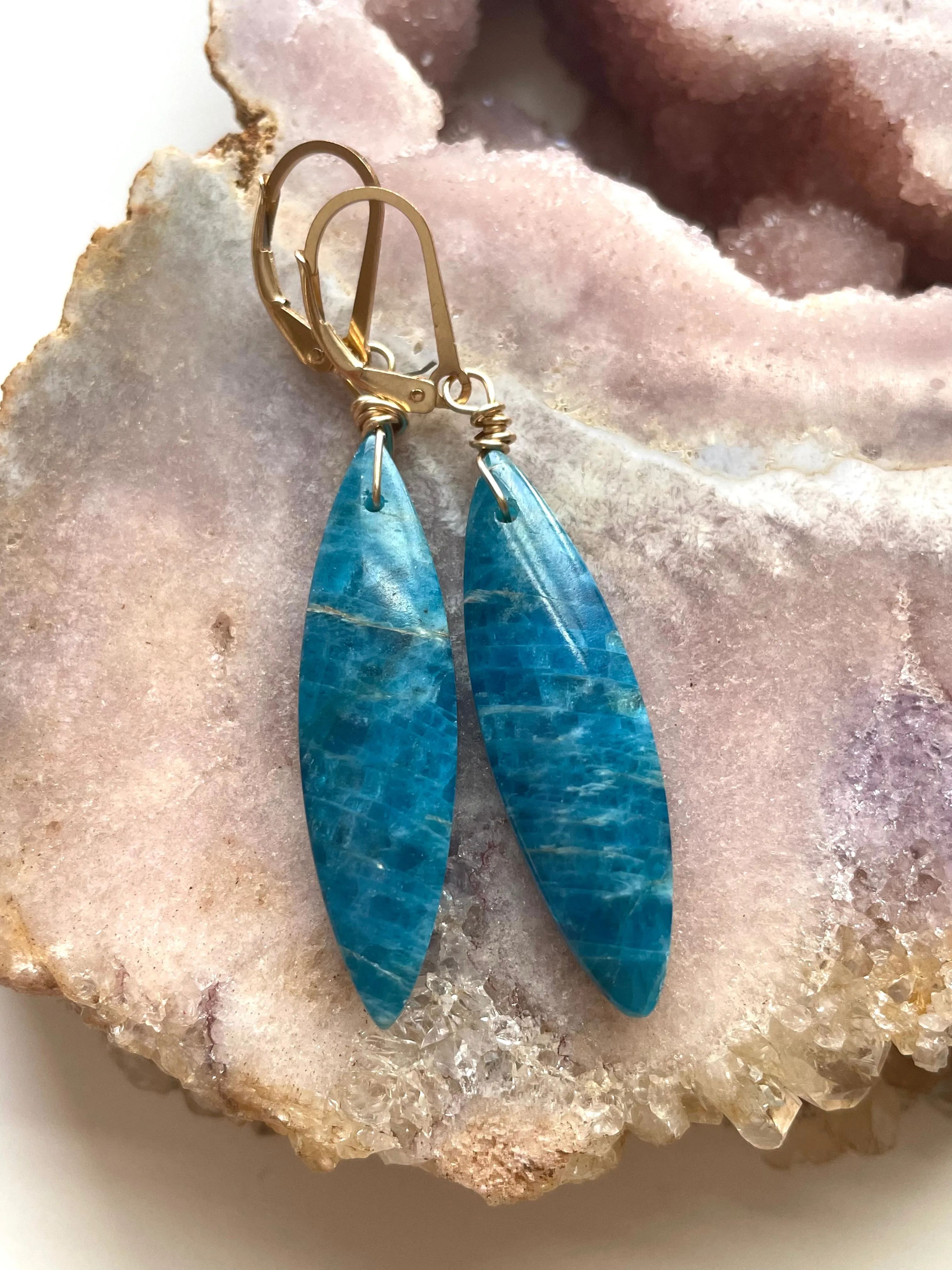 Gold Blue Apatite Dangle Crystal Earrings