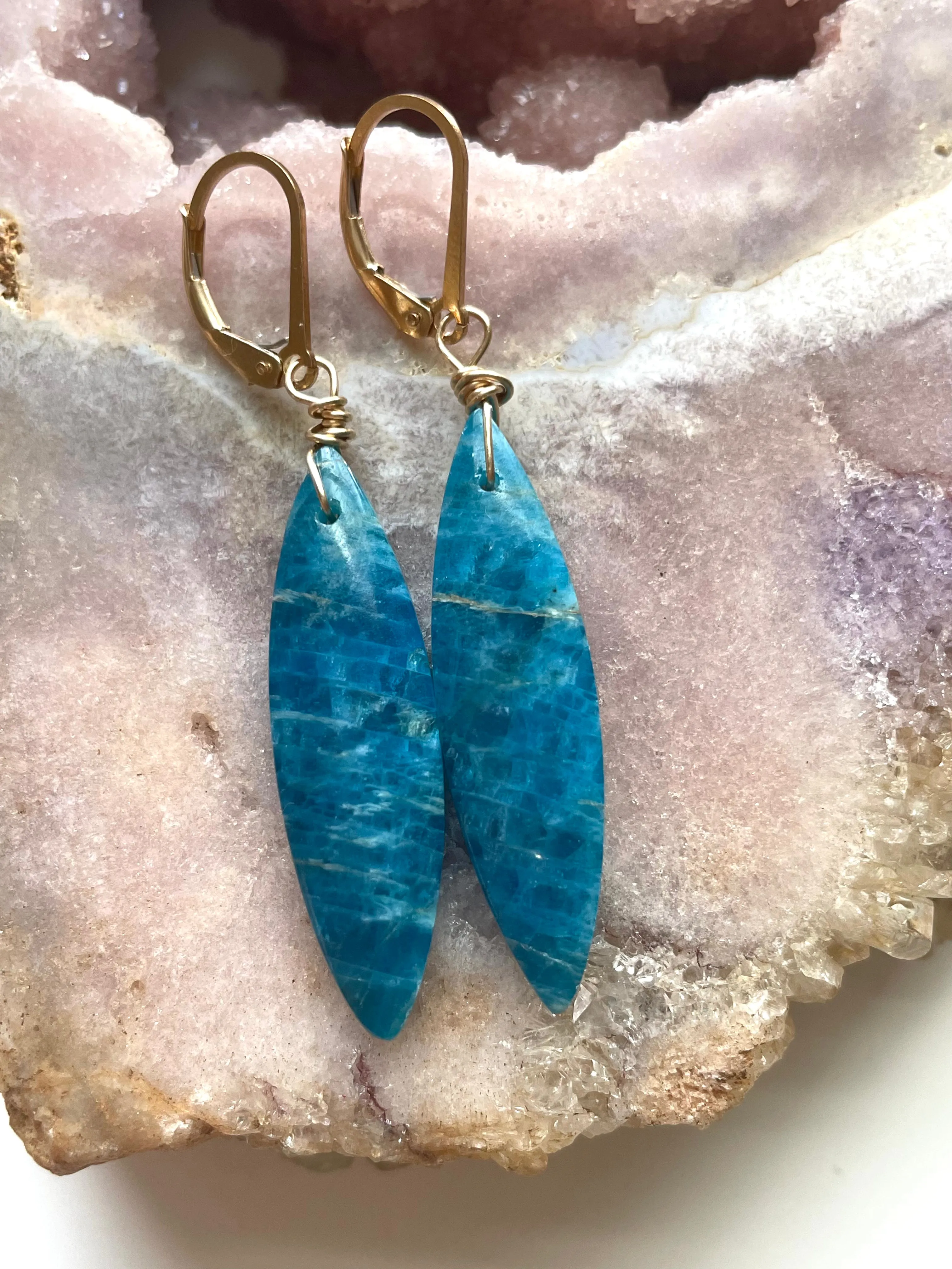 Gold Blue Apatite Dangle Crystal Earrings