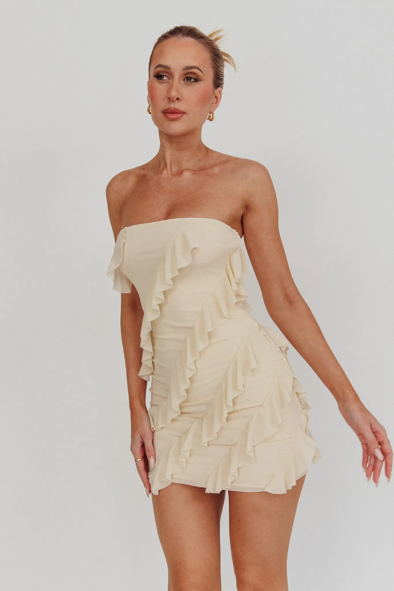 Gold Stars Strapless Ruffle Mini Dress Beige