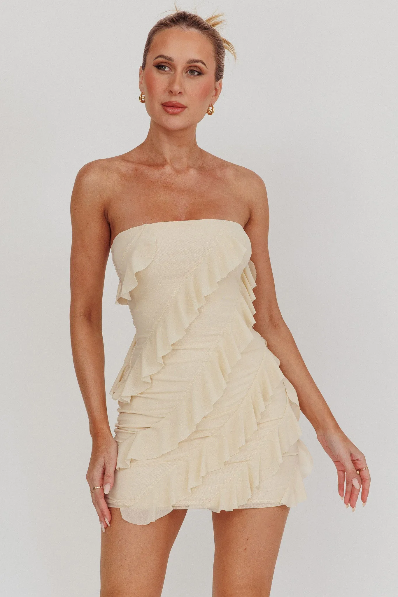 Gold Stars Strapless Ruffle Mini Dress Beige