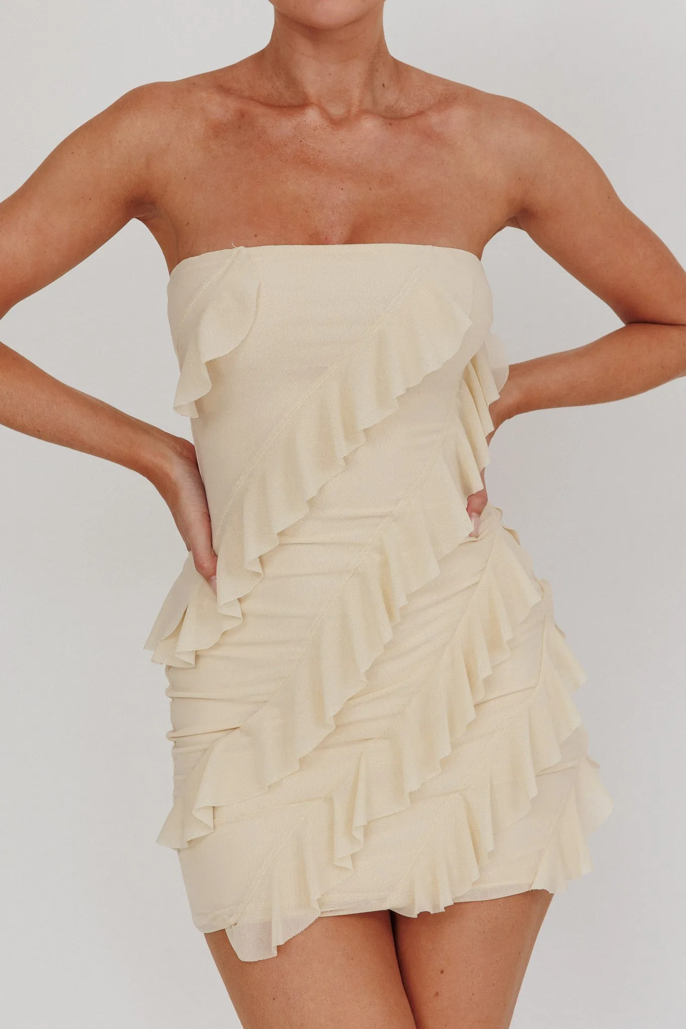 Gold Stars Strapless Ruffle Mini Dress Beige