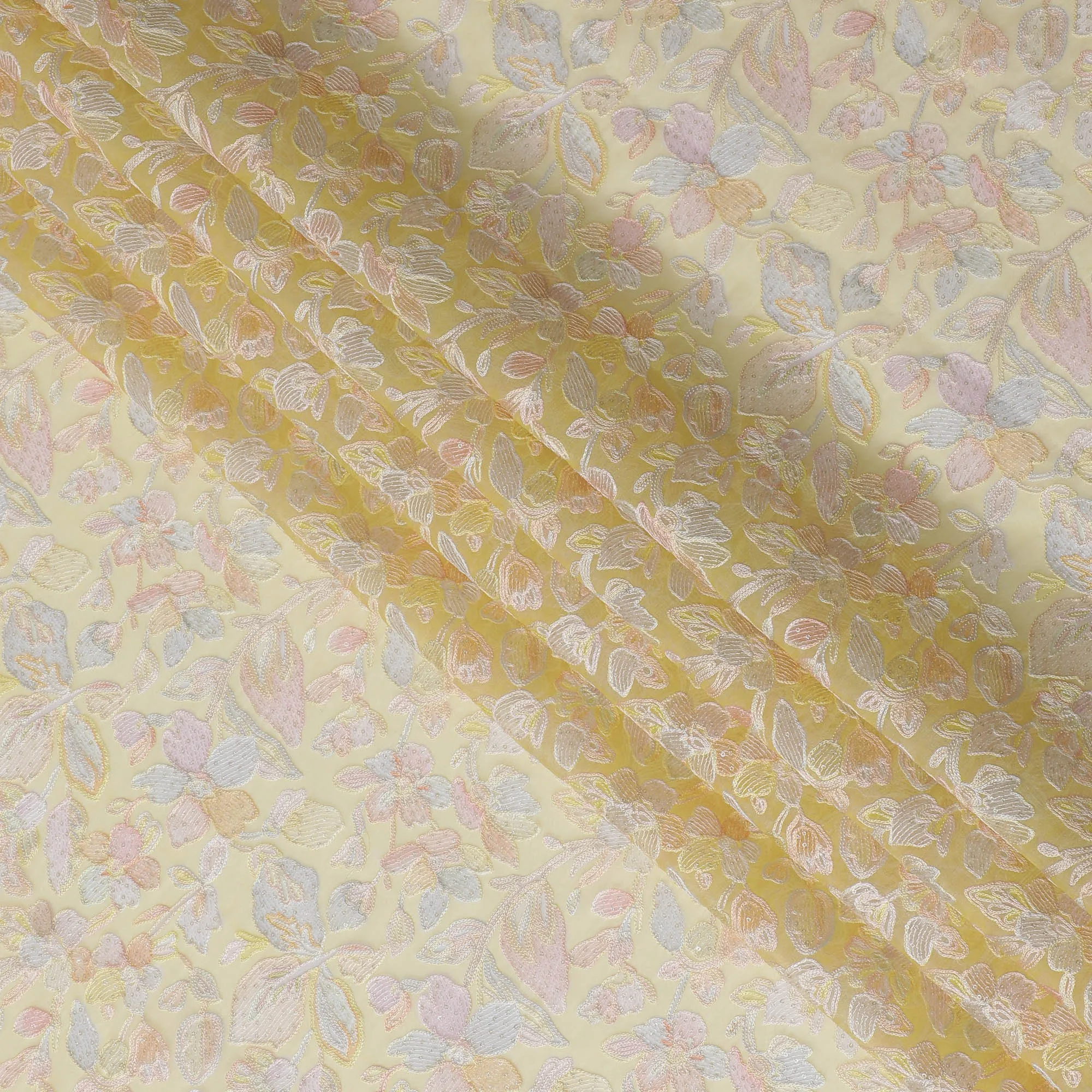 Golden Yellow Embroidered Silk Organza Fabric, Floral Design, 110 cm Width-D20104