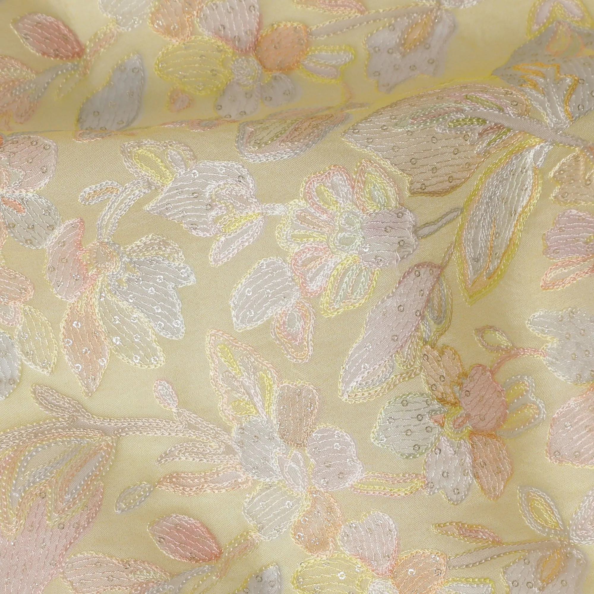 Golden Yellow Embroidered Silk Organza Fabric, Floral Design, 110 cm Width-D20104