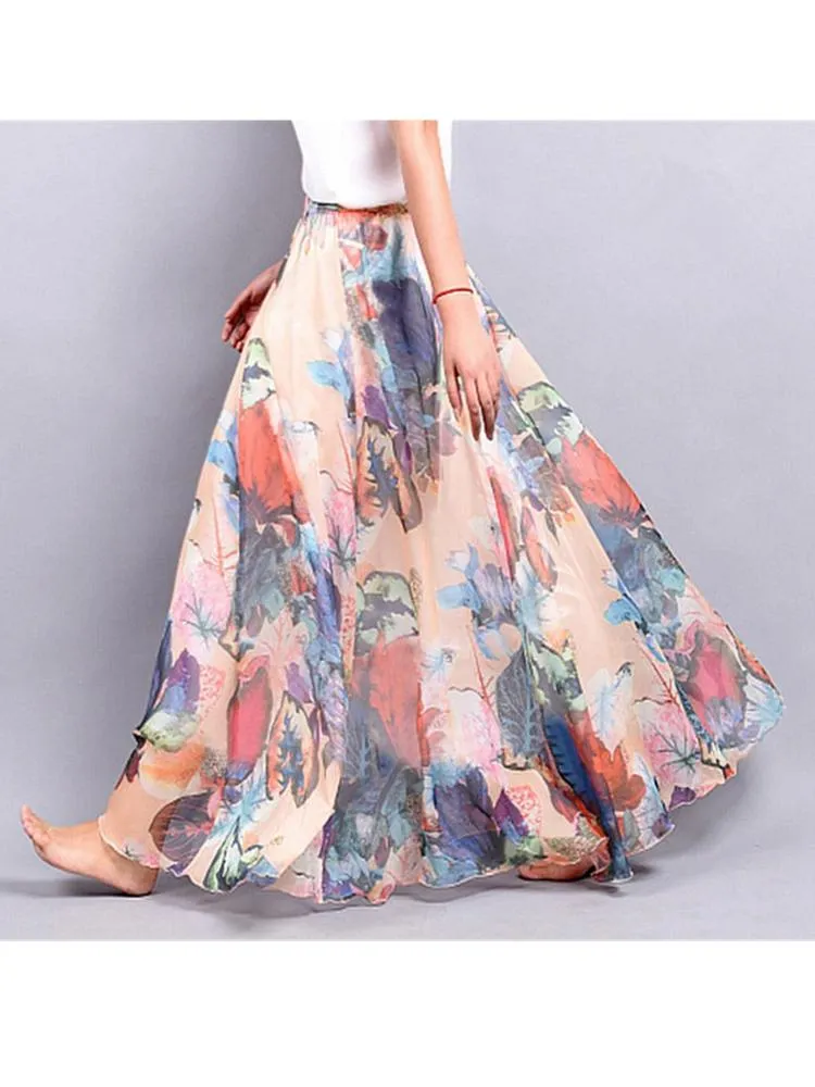 Gracila Chiffon Floral Printed Maxi Skirt For Women