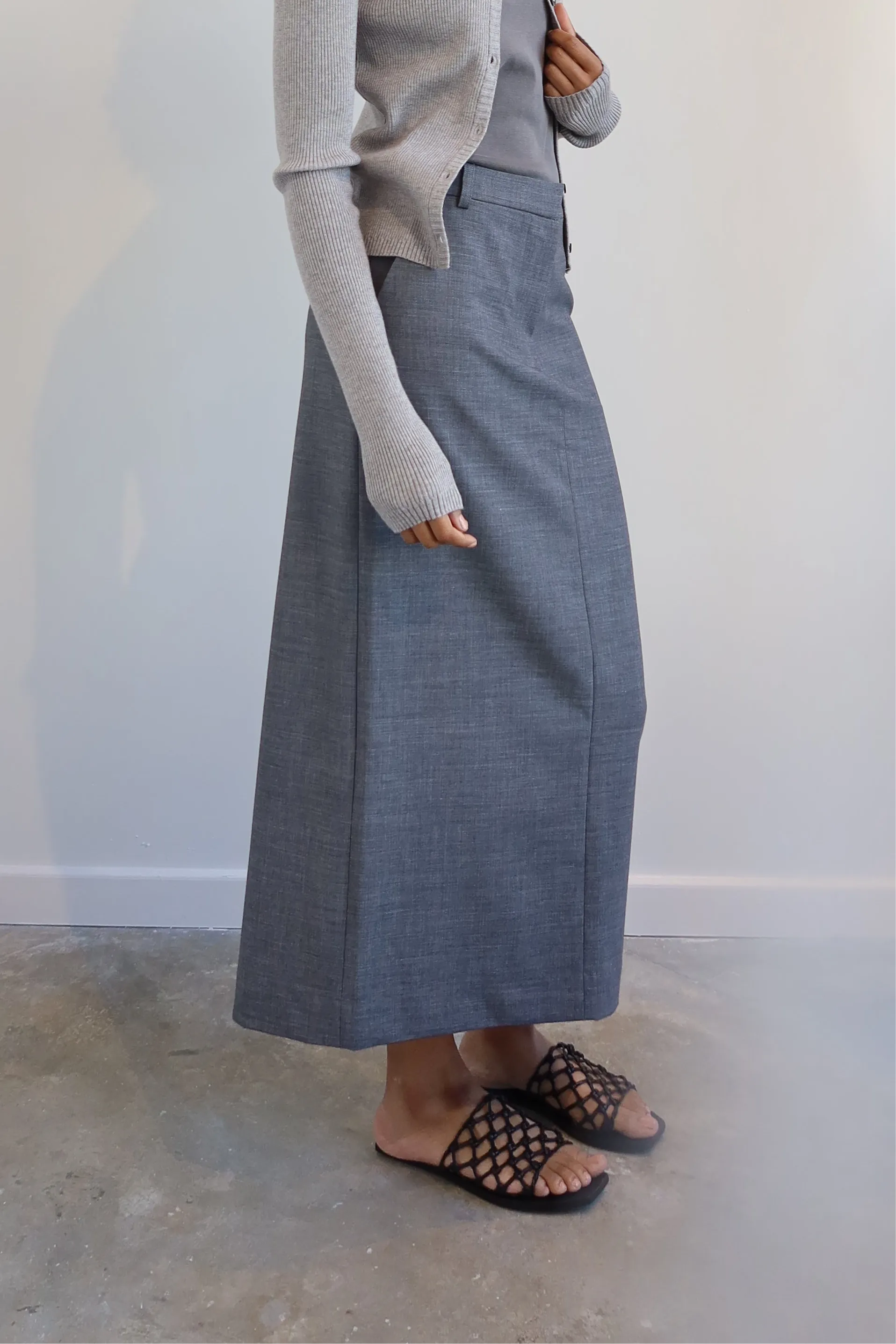 Gray Split Back Tailored Midi Skirt