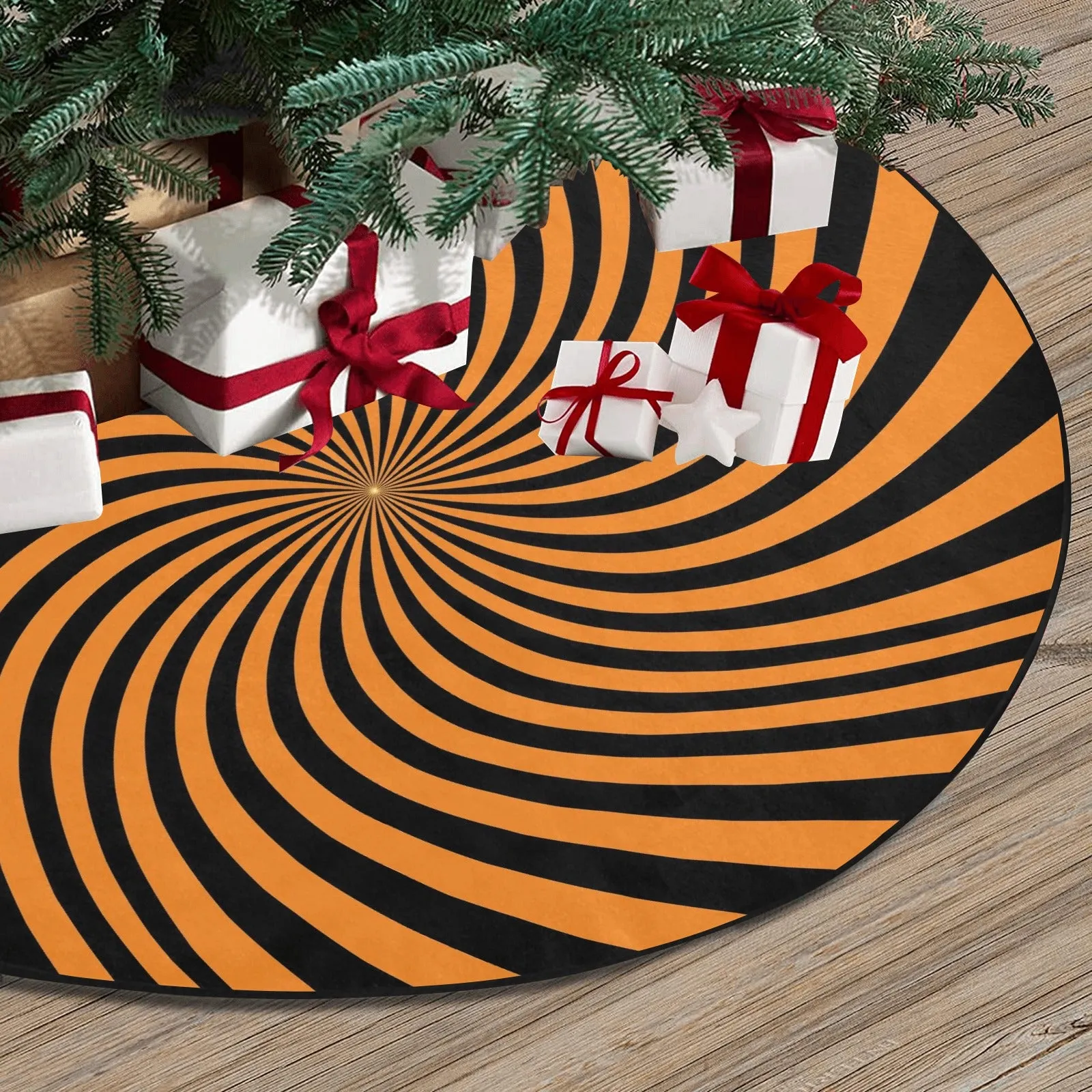 Halloween Tree Skirt, Orange Black Spiral Christmas Stand Base Cover Home Decor Decoration All Hallows Eve Creepy Spooky Party