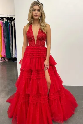 Halter Red Appliques Ruffle Tulle Prom Ball Gown SEW1100