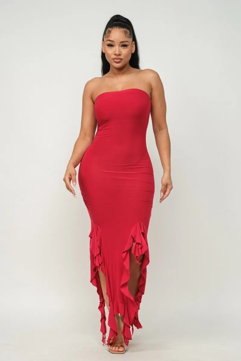 Hem Slit Bottom Ruffle Tube Maxi Dress - 4 colors