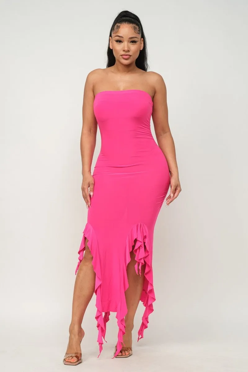 Hem Slit Bottom Ruffle Tube Maxi Dress - 4 colors