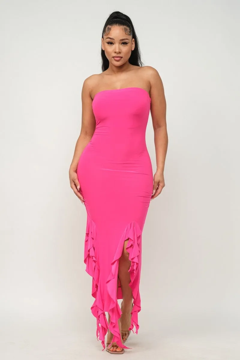 Hem Slit Bottom Ruffle Tube Maxi Dress - 4 colors