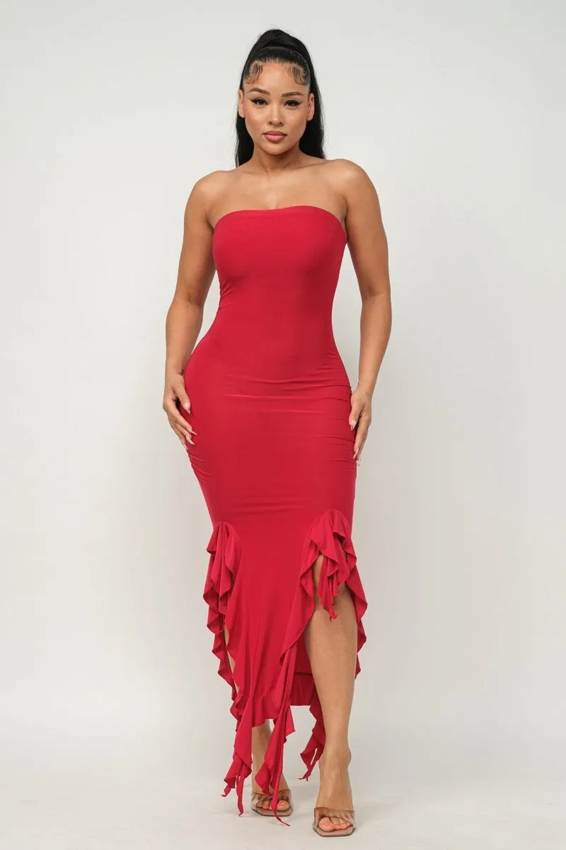 Hem Slit Bottom Ruffle Tube Maxi Dress - 4 colors