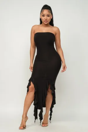 Hem Slit Bottom Ruffle Tube Maxi Dress - 4 colors