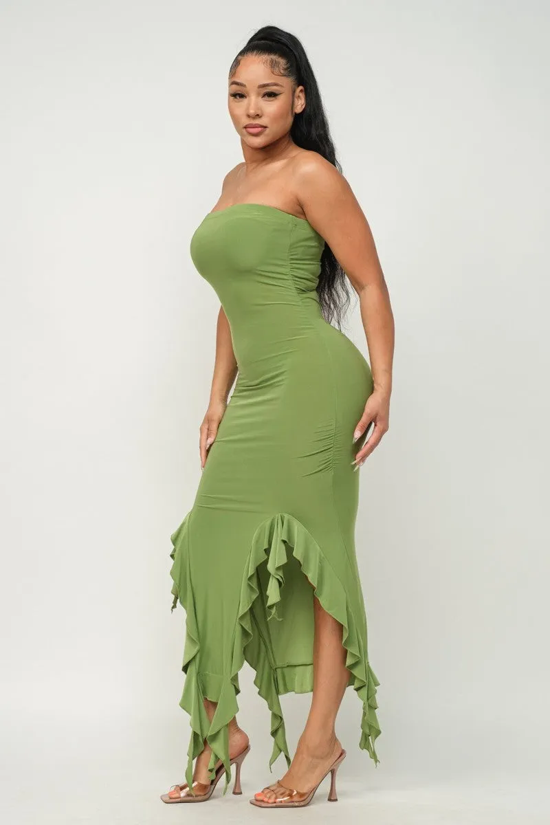 Hem Slit Bottom Ruffle Tube Maxi Dress - 4 colors