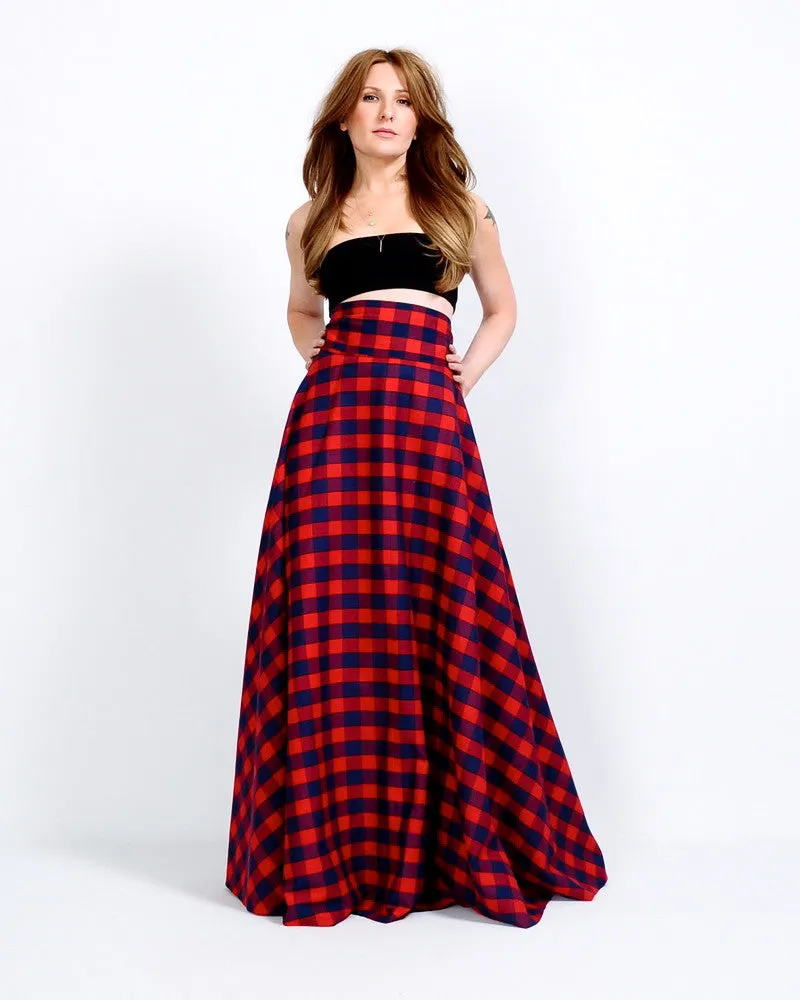 High Waisted Plaid Maxi Skirt