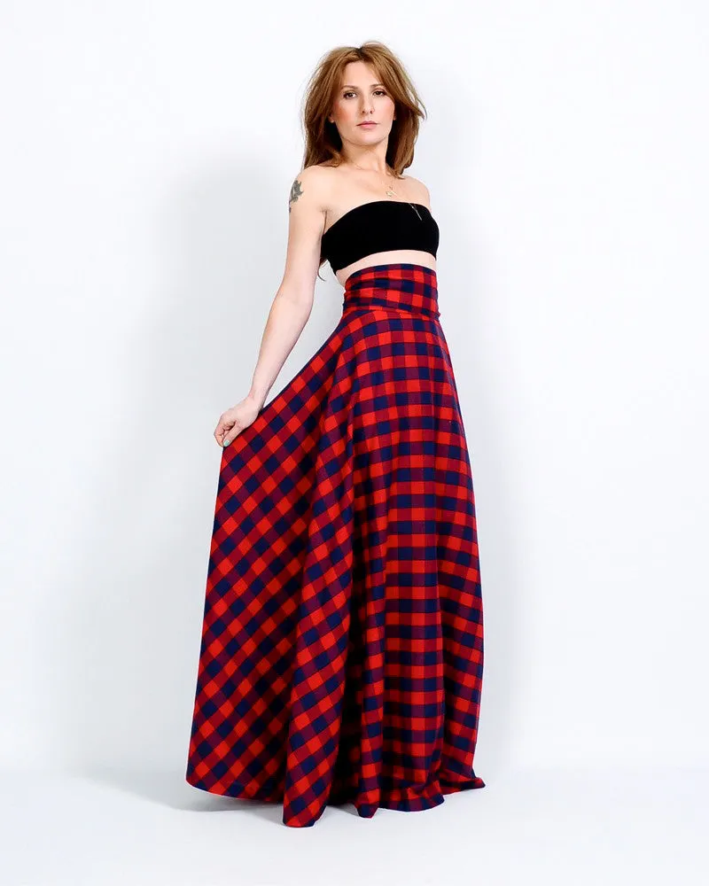 High Waisted Plaid Maxi Skirt