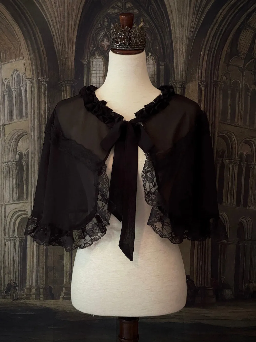 Historically Inspired Lace Trimmed Capelet Shawl in Gothic Black