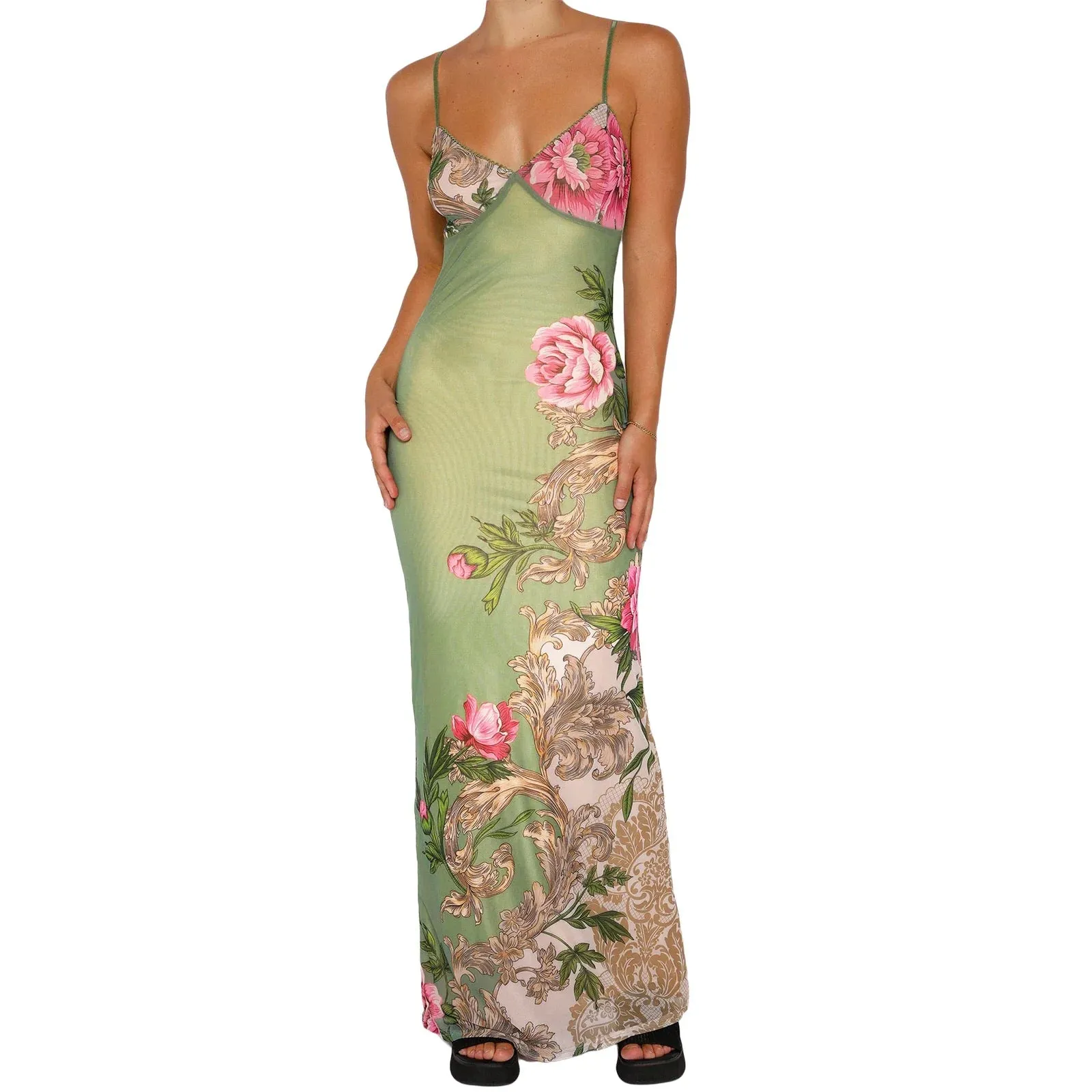 Hnzxzm Women Vintage Spaghetti Strap Maxi Dress Sexy Low Cut Backless Floral Satin Slip Long Dress Y2k Cami Bodycon Dress