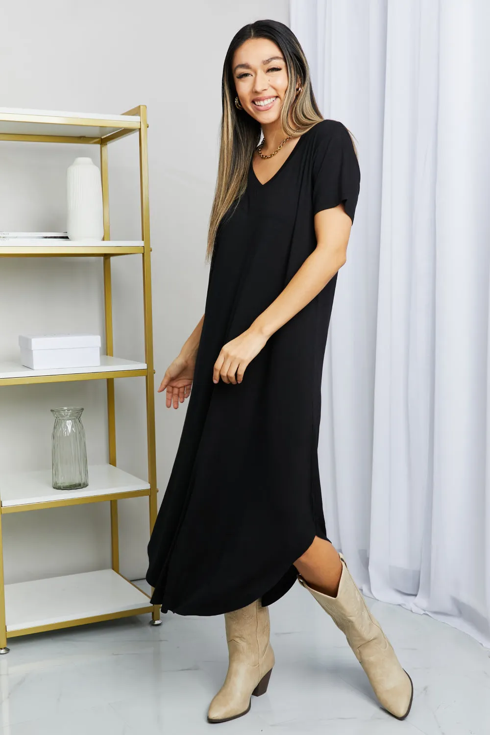 HYFVE V-Neck Short Sleeve Curved Hem Dress in Black - Ships from The USA