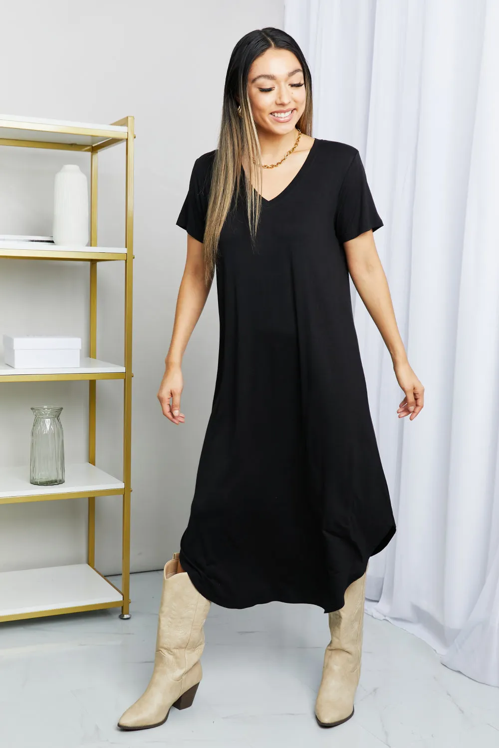 HYFVE V-Neck Short Sleeve Curved Hem Dress in Black - Ships from The USA