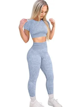 HYZ Workout Sets for Women 2 Piece Acid Wash High Waist Leggings Gym Crop Top Outfits Bluegrey