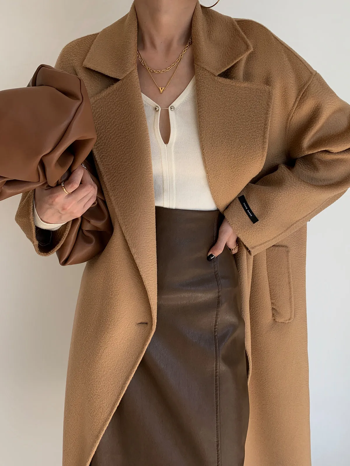 Iconic A-line Water Ripple Print Wool Coat - Camel